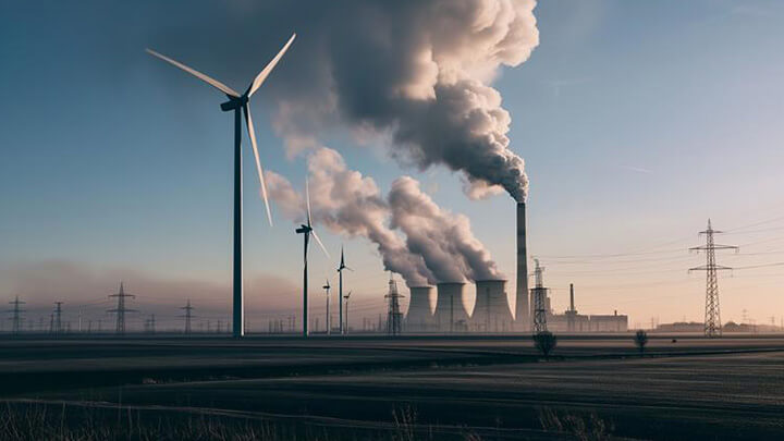 Multiple energy sources with powerlines at dawn