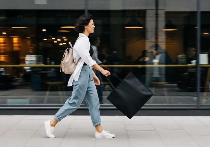 A woman walks along a road with a black tote bag in hand. 